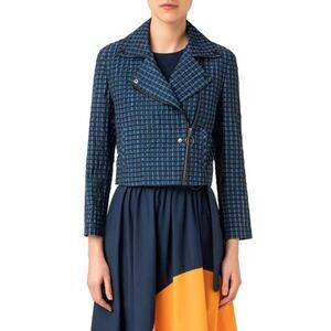Akris Punto Blazer Jacket Womens 2 Blue Black Check Seersucker Crop Biker Mod